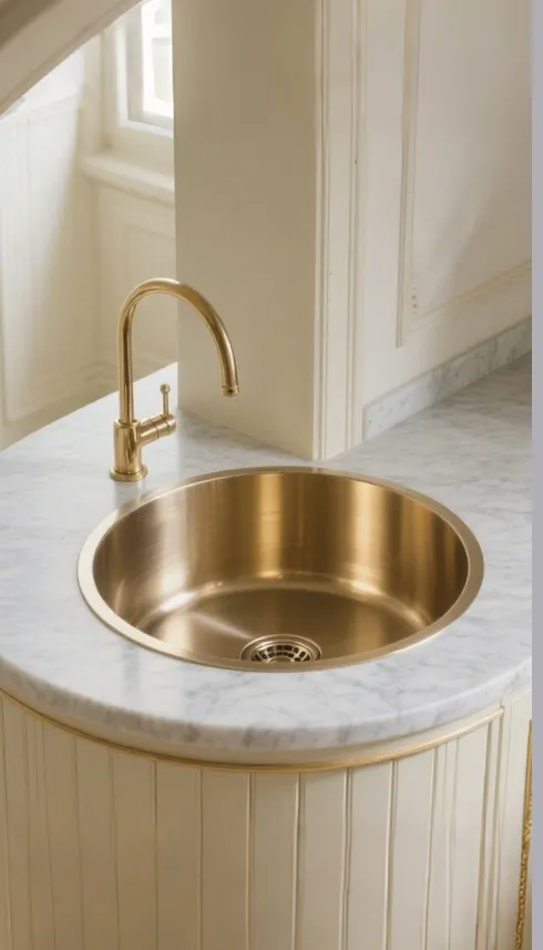 Minimalist black kitchen island with rectangular stainless steel sink, silver faucet, bright windows, white walls, and small plant decoration